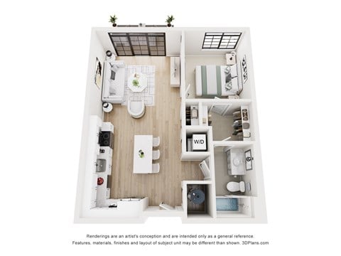Floor plan for 1 bed, 1 bath, 715 sqft